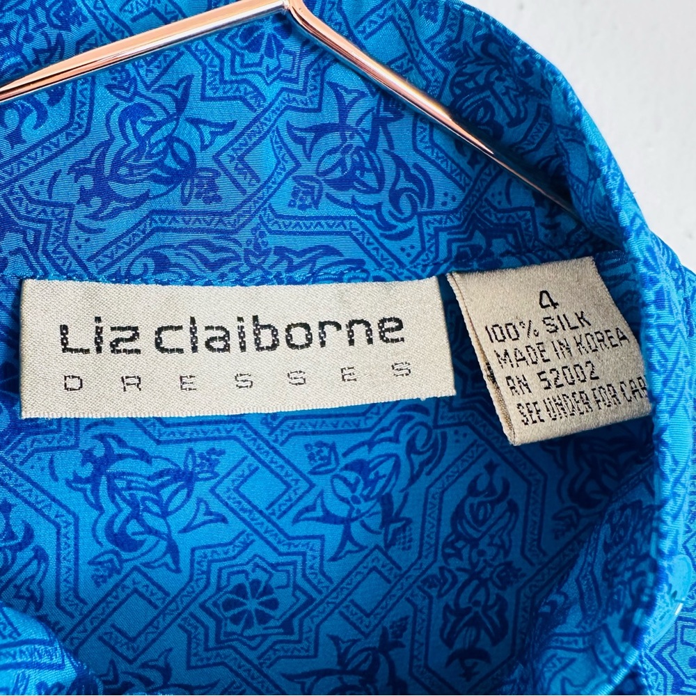 Vintage Liz Claiborne blue print long sleeve 100% silk midi dress - Picture 15 of 15